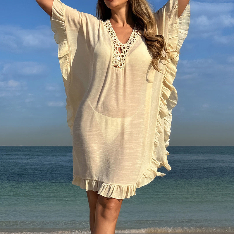 Hollow Out Cutout Hand Crochet Collar Change Flounce Loose Comfortable Sun Protection Seaside Vacation Casual Smock Dress